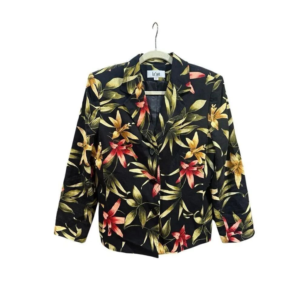 Le Suit 14 black floral linen blend spring suit jacket tropical